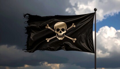 Una dramática fotografía de una bandera pirata destrozada ondeando desafiante contra un cielo tormentoso de fondo. La imagen simboliza el peligro, la rebeldía y el espíritu rebelde de la vida pirata. 