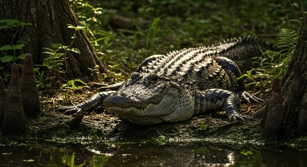 Obraz premium Alligator resting near water's edge in natural habitat scene