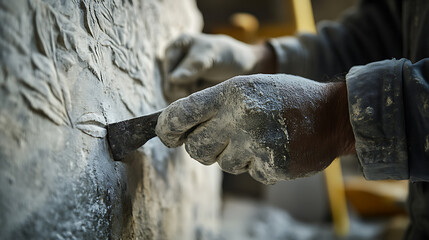 Stone Carver Working on a Relief Sculpture