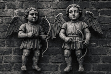 Pair of antique medieval wooden angel figures with wings, holding bows and arrows. Monochrome image of carved statues mounted on a dark brick wall background.