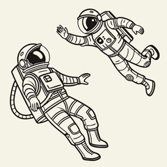 Obraz premium Two Astronauts Floating in Space Line Art Illustration