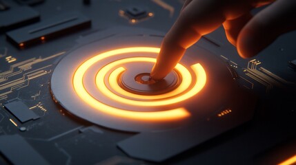 Finger activating glowing circuit board button; futuristic tech background