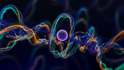 Glowing quantum entanglement particles in a dark void, neon light trails, hyper-realistic 3D render