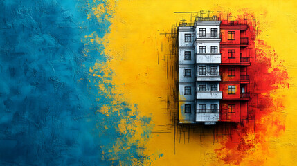 Sketchy building design against vibrant blue and yellow textured background