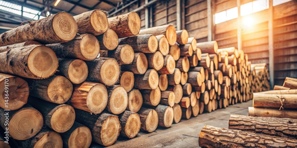 Poster A massive stack of neatly arranged, freshly cut tree logs rests inside a rustic warehouse, bathed in the warm glow of sunlight streaming through high windows.