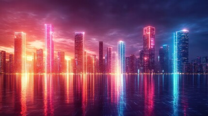 Neon Cityscape at Sunset: A Futuristic Metropolis Reflected in Calm Waters