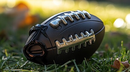 Obraz premium Black football on grassy field, autumn light