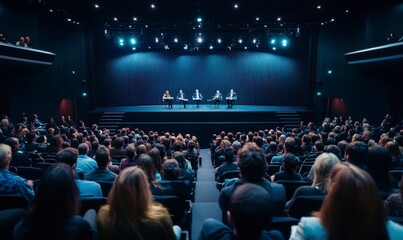 Large Audience at a Panel Discussion in a Modern Auditorium