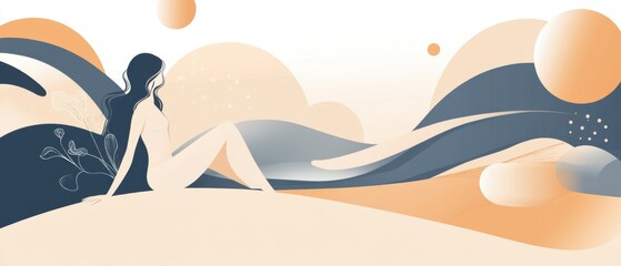 Elegant woman sitting in nature illustration with abstract landscape and botanical elements Concept of wellness, mindfulness, and serenity