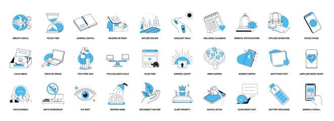 digital recovery and self-care collection minimalist blue-accented illustrations, digital wellness activities aimed at promoting mental physical recovery
