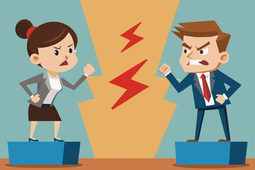 Stylized Competitive Interaction Between Male and Female Characters in Professional Outfits