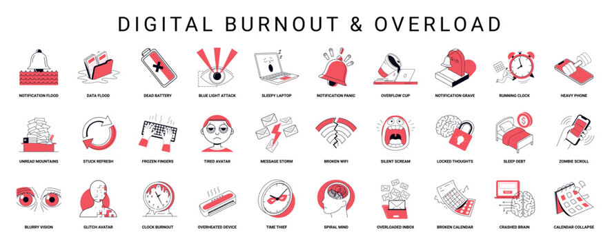 digital burnout overload depicted series illustrations stress exhaustion scenarios technology modern life