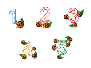 Writing practice. Tracing numbers. From 1 to 5. Educational cards for children
