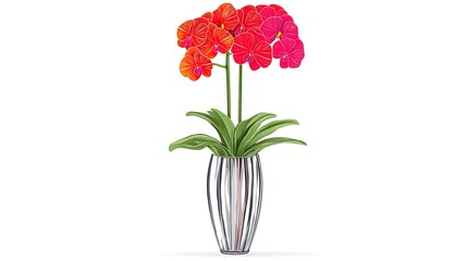 Fototapeta premium Vibrant red and orange orchids in a sleek, silver vase
