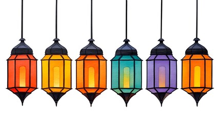 Obraz premium Six colorful, hanging lanterns with stained glass panels and warm interior lighting, isolated on white