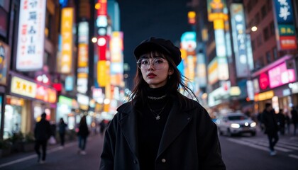 Fototapeta premium Night Stroll in Metropolis: A stylish woman navigates a vibrant, neon-lit urban street scene, exuding confidence and poise against the backdrop of a bustling cityscape at twilight.