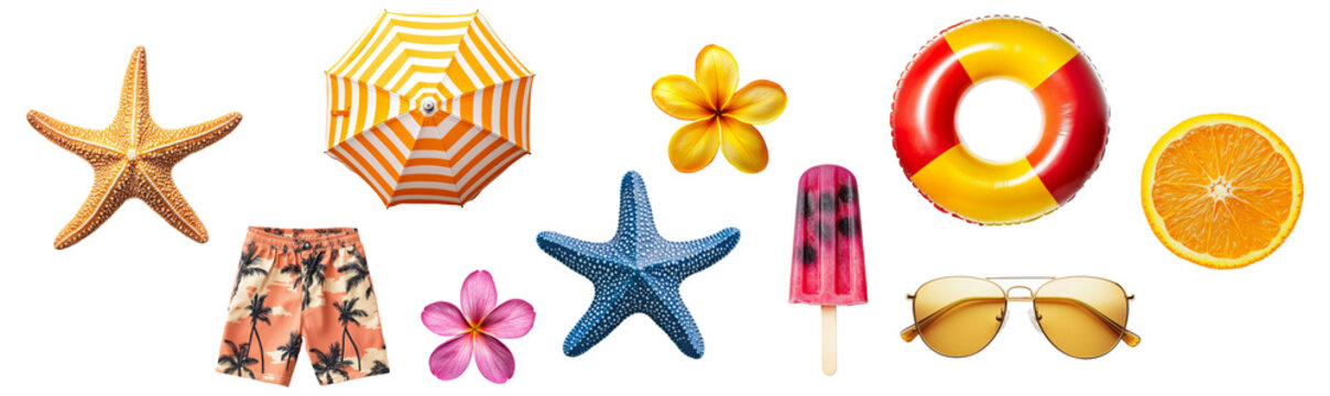 Set of summer beach accessories including starfish, umbrella, float, flowers and sunglasses isolated on transparent background.