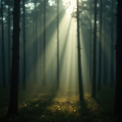 Naklejka premium Atmospheric Woodland with Sunbeams Cutting Through Fog.