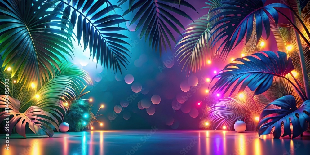 Poster Vibrant Tropical Foliage Illuminated by Festive String Lights, Creating a Dreamlike and Evocative Scene with a Sleek, Reflective Surface