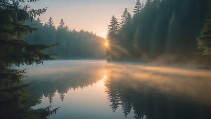 Fototapeta premium Lake sunrise with fog and forest reflection