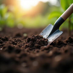 Working the Soil: Shovel in Garden Bed at Dusk.