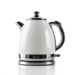 Fototapeta premium A modern electric kettle with a sleek white and silver design, featuring a handle, spout, and a power indicator.