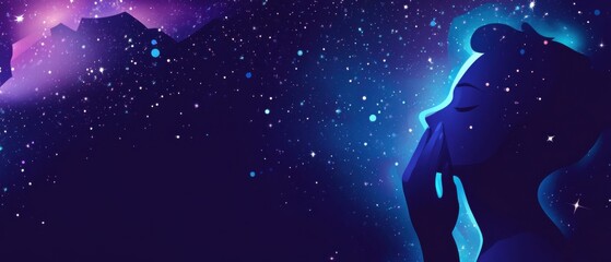 Fototapeta premium Silhouette of thoughtful woman with galaxy background, dreaming of universe and cosmic connection Concept of mindfulness, spirituality, and inner peace