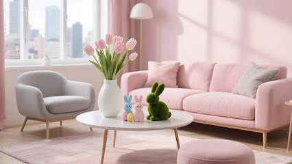 Naklejka premium Cozy Living Room Decorated in Soft Pastel Colors