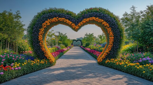 Heart-shaped floral archway garden path