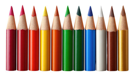 Colored Pencils Row: A vibrant collection of sharpened colored pencils arranged in a neat row, showcasing a spectrum of colors ready for creative expression.