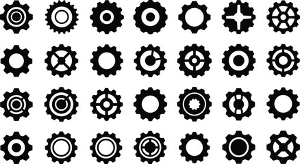 Gear icon vector set, black cogwheel vector collection, mechanical gear shapes, engineering symbols