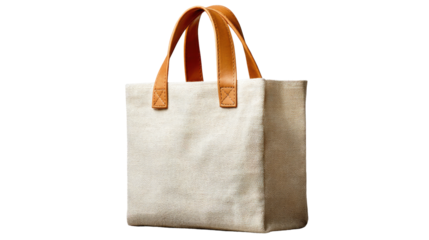 Canvas Tote Bag: The image shows a pristine canvas tote bag, featuring elegantly stitched seams and sturdy leather handles. This high-angle shot showcases the bag's simple design.