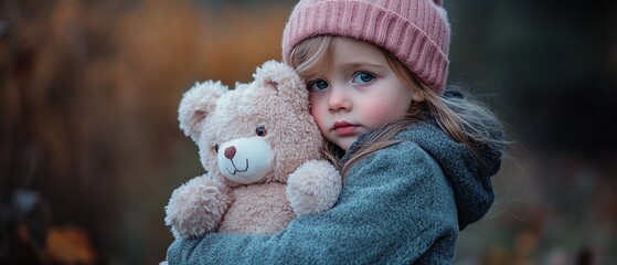 Young girl holding teddy bear outdoors