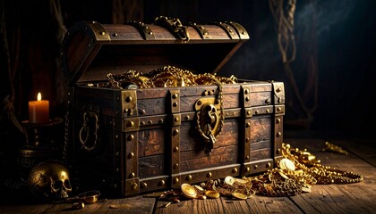 Fototapeta premium Los artefactos dorados y el cofre de madera sugieren un tesoro pirata. La imagen simboliza el peligro, el desafío y el espíritu rebelde de la vida pirata. Fotografía hiperrealista.