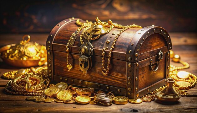 Los artefactos dorados y el cofre de madera sugieren un tesoro pirata. La imagen simboliza el peligro, el desaf&iacute;o y el esp&iacute;ritu rebelde de la vida pirata. Fotograf&iacute;a hiperrealista.