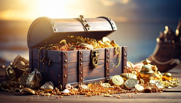 Los artefactos dorados y el cofre de madera sugieren un tesoro pirata. La imagen simboliza el peligro, el desaf&iacute;o y el esp&iacute;ritu rebelde de la vida pirata. Fotograf&iacute;a hiperrealista.