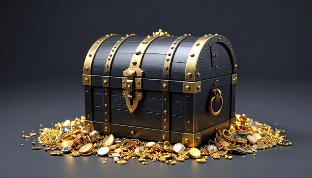 Los artefactos dorados y el cofre de madera sugieren un tesoro pirata. La imagen simboliza el peligro, el desaf&iacute;o y el esp&iacute;ritu rebelde de la vida pirata. Fotograf&iacute;a hiperrealista.
