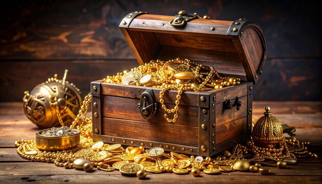 Los artefactos dorados y el cofre de madera sugieren un tesoro pirata. La imagen simboliza el peligro, el desaf&iacute;o y el esp&iacute;ritu rebelde de la vida pirata. Fotograf&iacute;a hiperrealista.