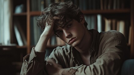 Young man, thoughtful pose, library setting