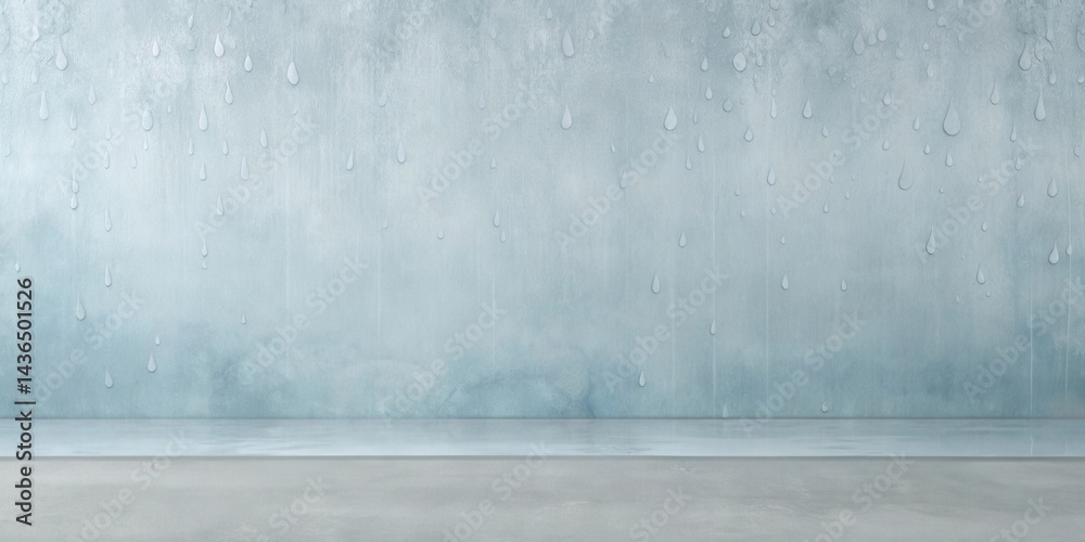 Poster serene minimalist blue wall background with subtle water droplets and reflective surface