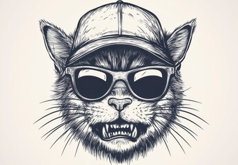 Fototapeta premium Monochrome Illustration of a Cat in Sunglasses and Baseball Cap