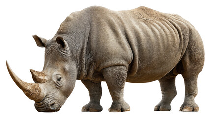 Obraz premium Majestic Rhinoceros in Portrait: An awe-inspiring rhinoceros with a magnificent horn in a studio shot.
