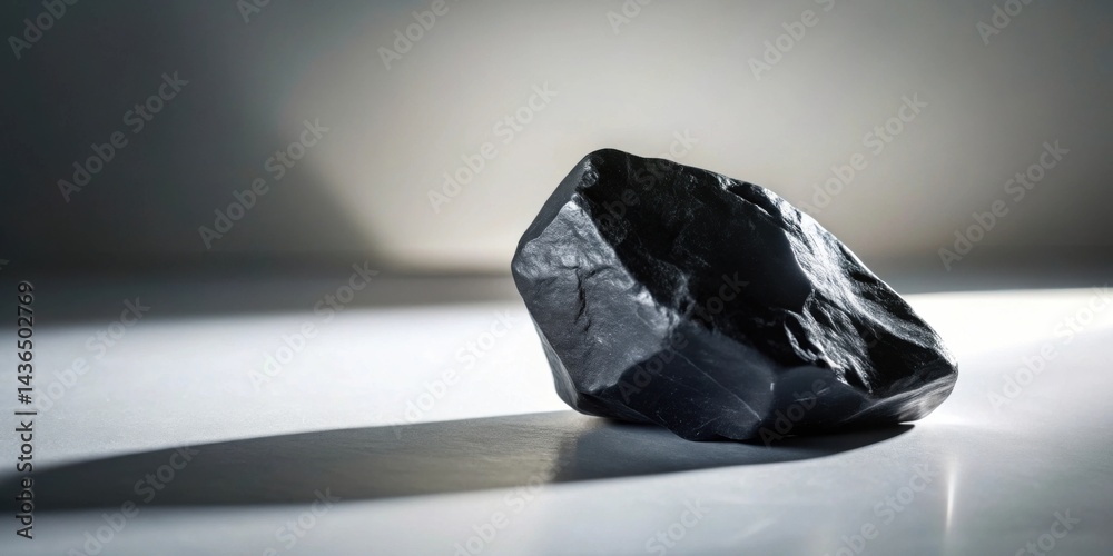 Fototapete a single dark stone rests on a smooth surface, illuminated by a subtle light source, casting a disti