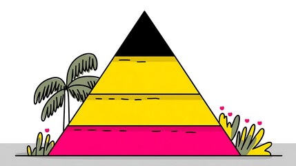 Three-tiered pyramid graphic with tropical plants.  Illustrative, segmented design