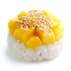 Mango sticky rice dessert: glutinous rice with fresh ripe mango, garnished with sesame seeds.