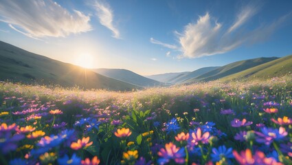 Obraz premium Flower Field in Valley at Sunrise