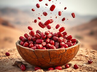 Bowl filled with falling red dates on a sandy surface with a desert-inspired backdrop