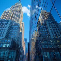 Reflective skyscrapers, business office buildings.