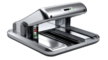 Industrial Document Scanner: A close-up view of a sophisticated, silver document scanner designed for high-volume document scanning, showcasing advanced features such as automatic document feeding.