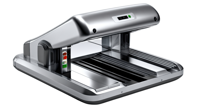 Industrial Document Scanner: A close-up view of a sophisticated, silver document scanner designed for high-volume document scanning, showcasing advanced features such as automatic document feeding.